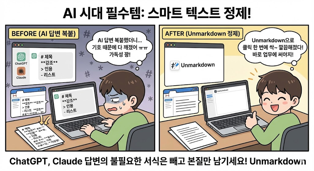ai 생산물을 수작업으로 수정하는 대신 markdown제거기를 사용하며 행복한 모습.