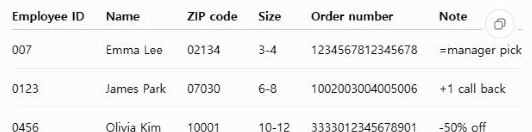 A ChatGPT answer showing a table with employee IDs, ZIP codes, sizes, order numbers and notes, with the table's copy button at the top right