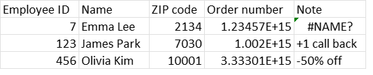 After pasting the ChatGPT table into Excel, 007 shows as 7, ZIP code 02134 as 2134, the order number as 1.23457E+15 and =manager pick as #NAME?