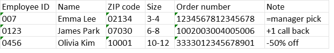 Pasting a ChatGPT table into Excel after formatting the columns as Text keeps 007, 02134, 3-4, the full order number and =manager pick as typed
